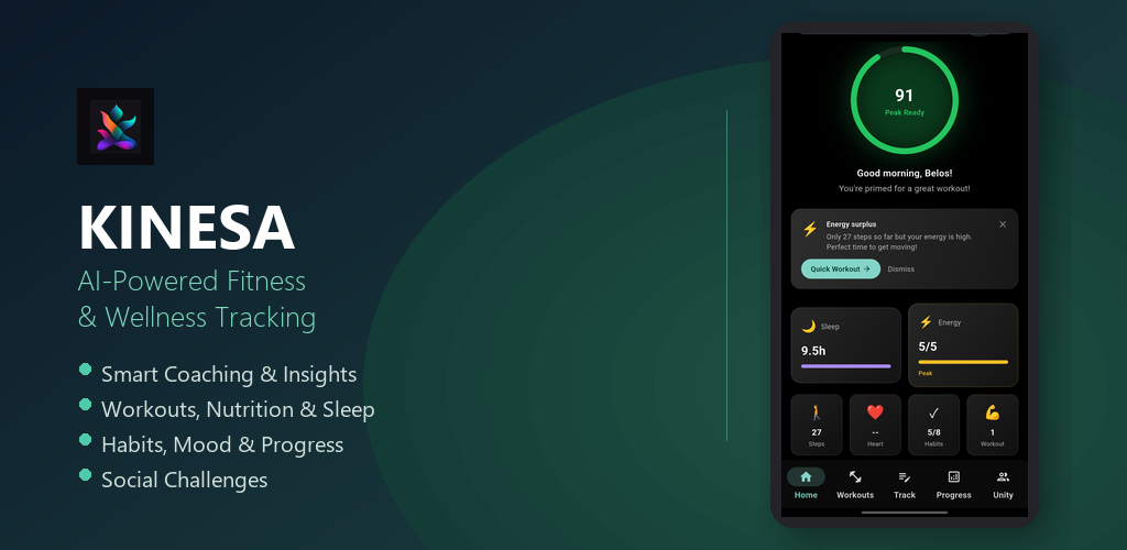 Kinesa app feature banner — AI-powered fitness and wellness tracking