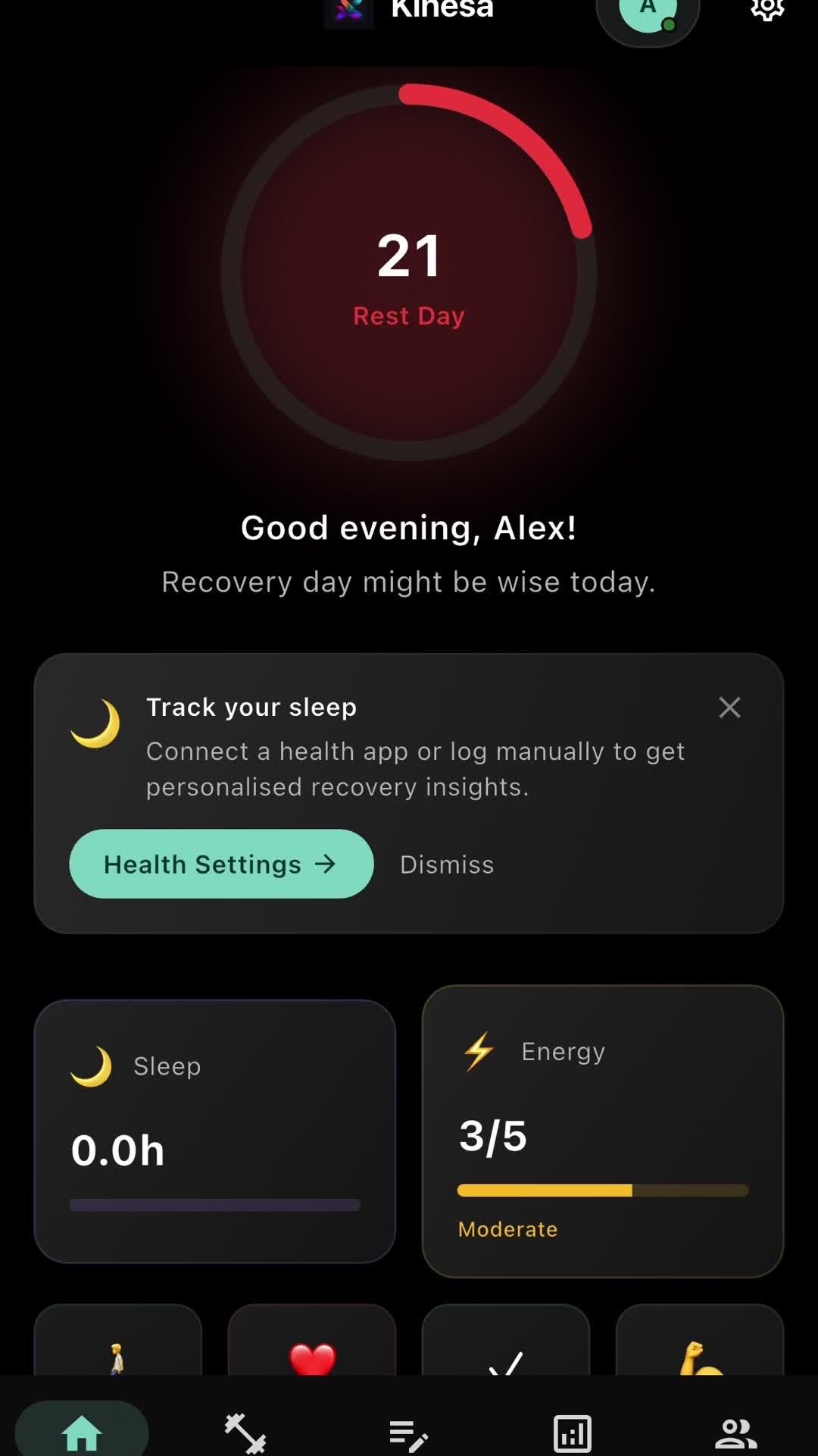 Kinesa home dashboard with daily readiness score and wellness metrics