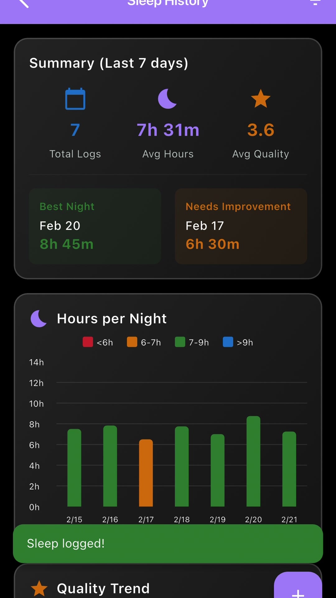 Kinesa sleep history with weekly trends and quality analysis