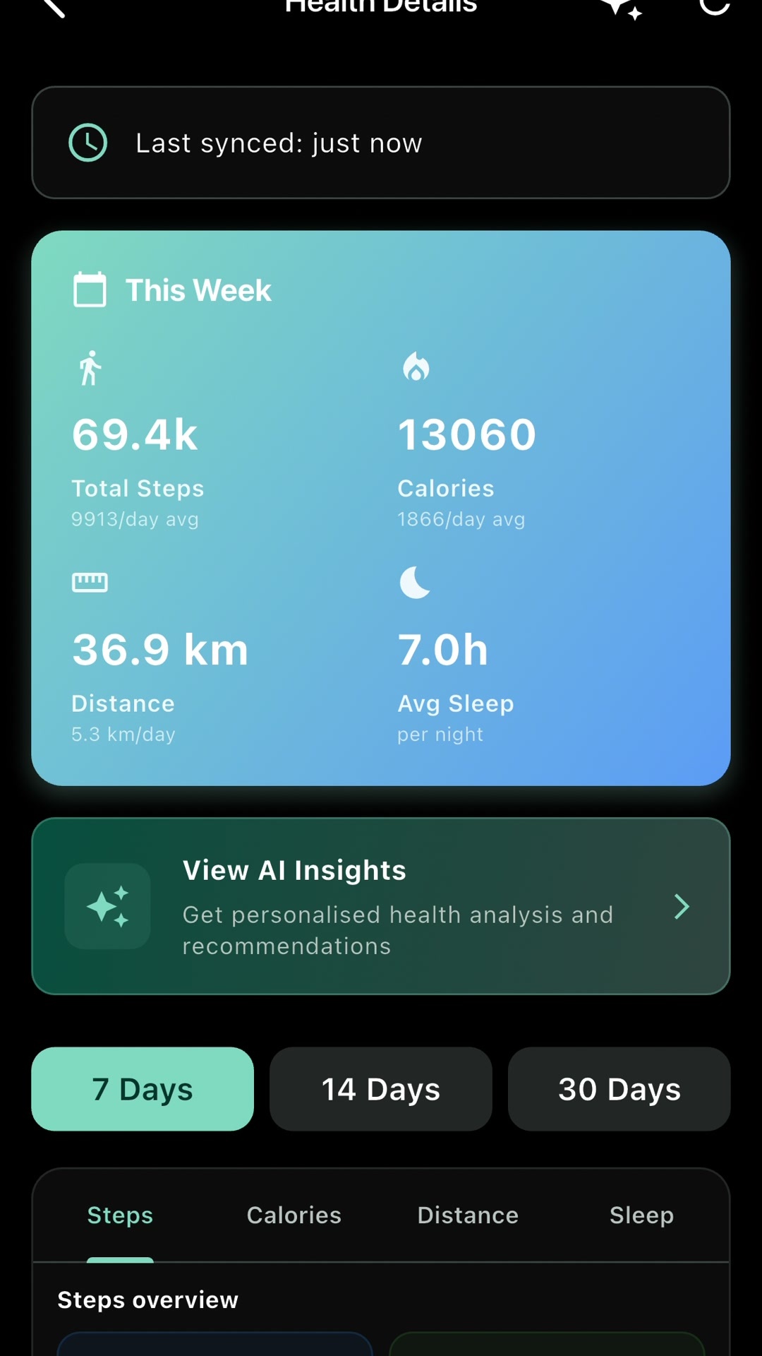 Kinesa health details with steps, calories, and activity tracking